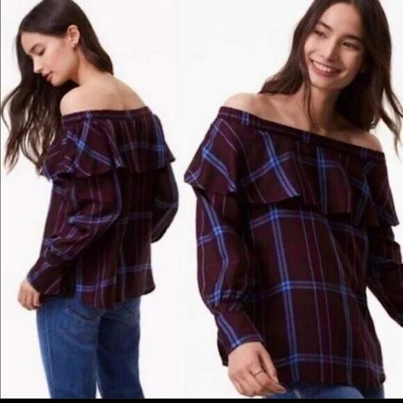 Loft Plaid Off Shoulder Long Sleeve Ruffle Top Blouse Women's Size XXSP NWOT. - Picture 9 of 9